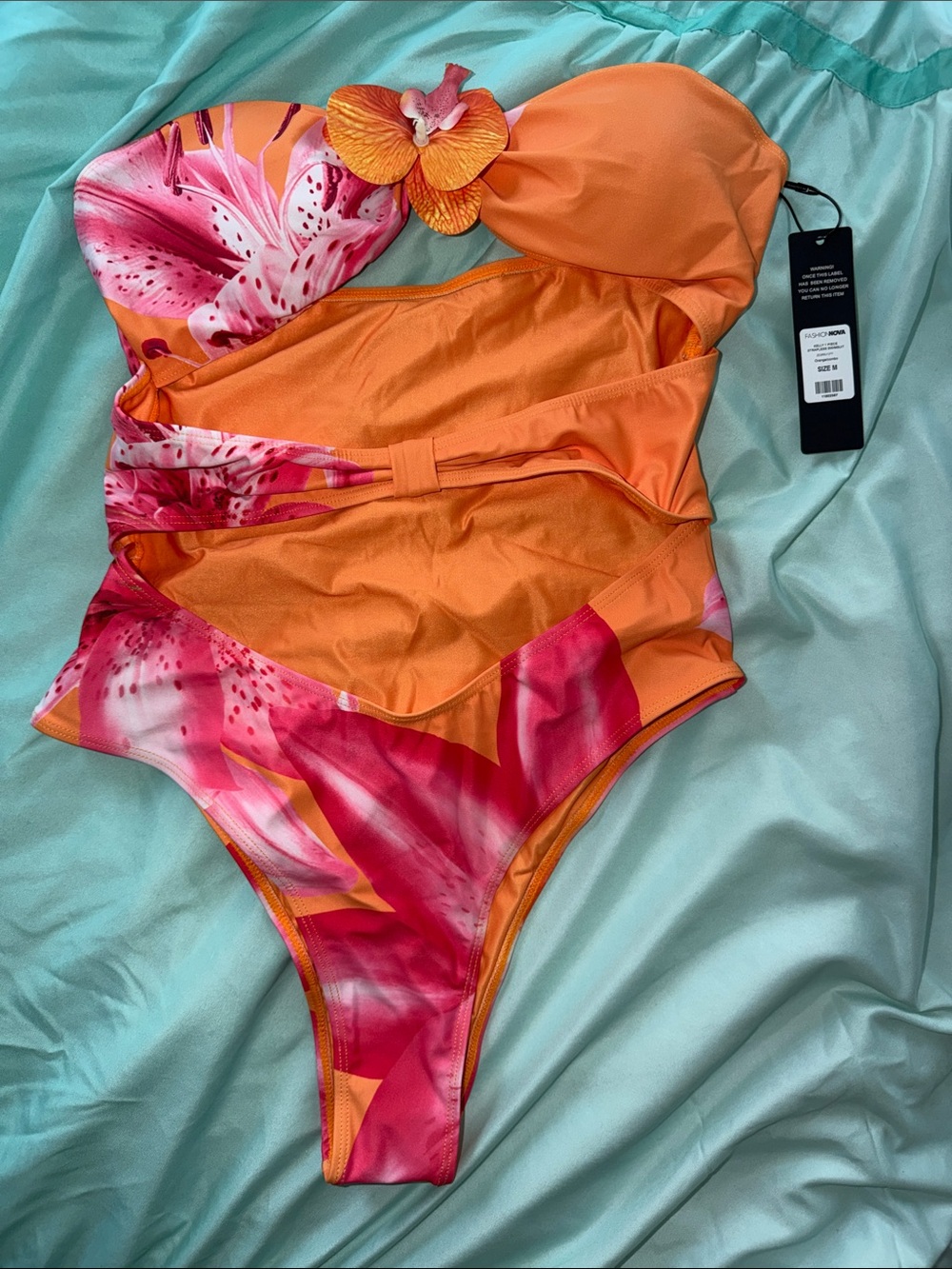 FashionNova Floral Orange & Pink One-Piece Swimsuit with Flower Accent